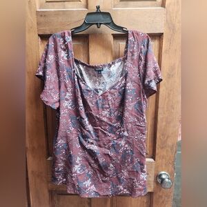 Torrid floral Sweetheart Neck Brown/Pink/Blue Ruched Blouse Size 2